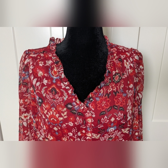 Loft Clip Floral Boho Red Chiffon Midi Dress, Size L, long Sleeves, V-neck - Picture 7 of 13